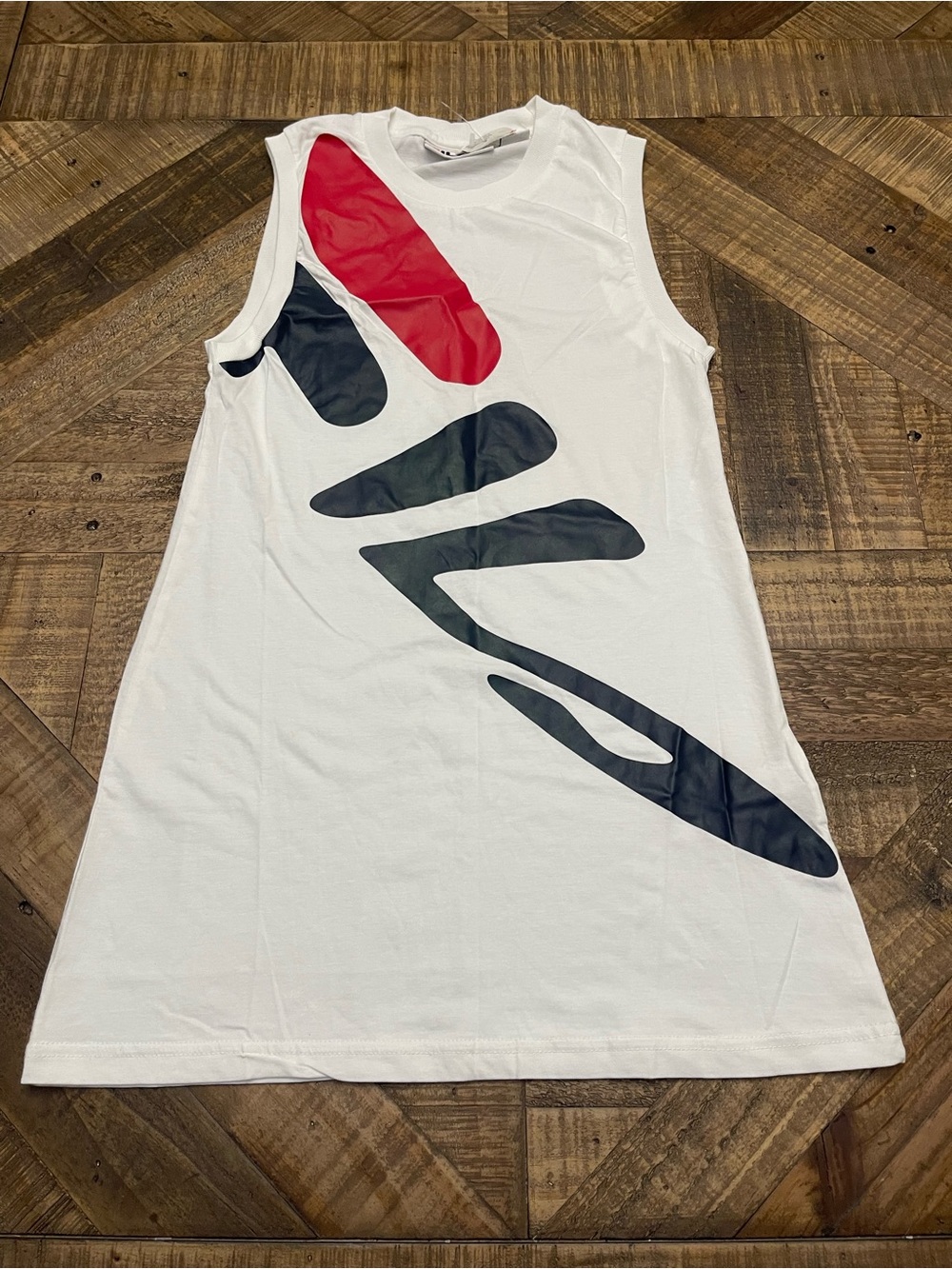 FILA Kelsey Sleeveless A-Line Logo Dress - White/Navy/Red - Size S